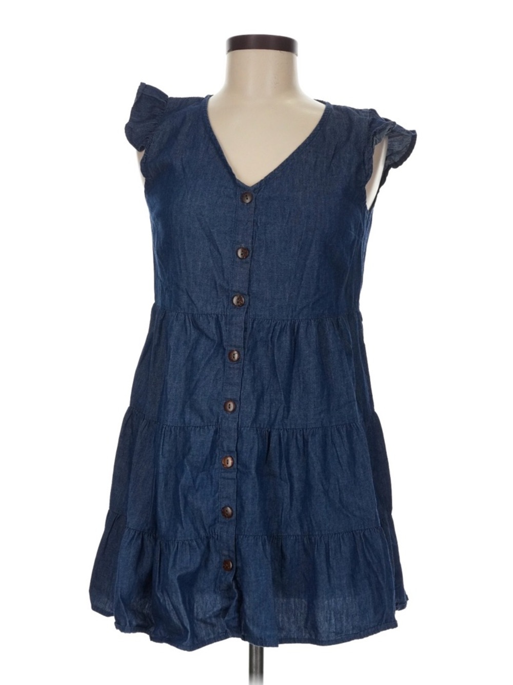 Denim Button-Front Mini Dress - Blue